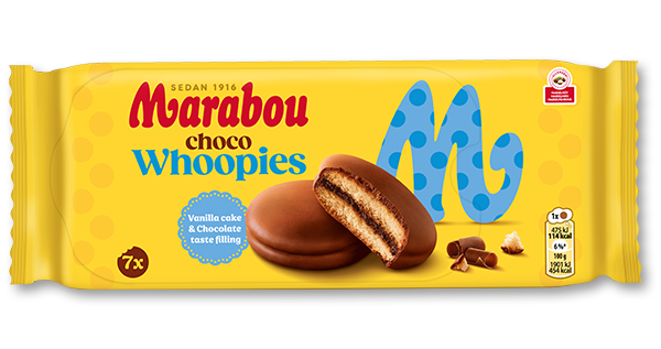 Packaging of Marabou Choco Whoopies showing the product name, an image of the whoopies, and additional product details on a yellow background.