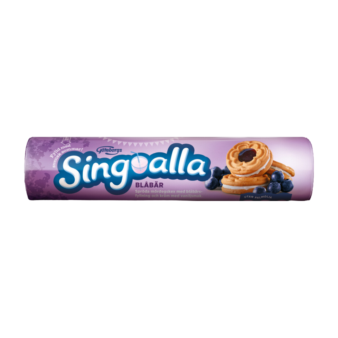 Packaging of Singoalla Blueberry Biscuits featuring the brand name, product title, and images of blueberries and a biscuit with a blueberry filling.