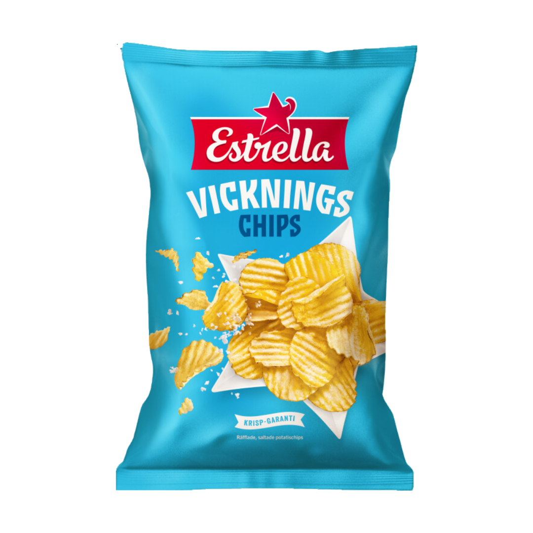 A bag of Estrella Viking Chips with a blue background and an image of ridged potato chips on the front.