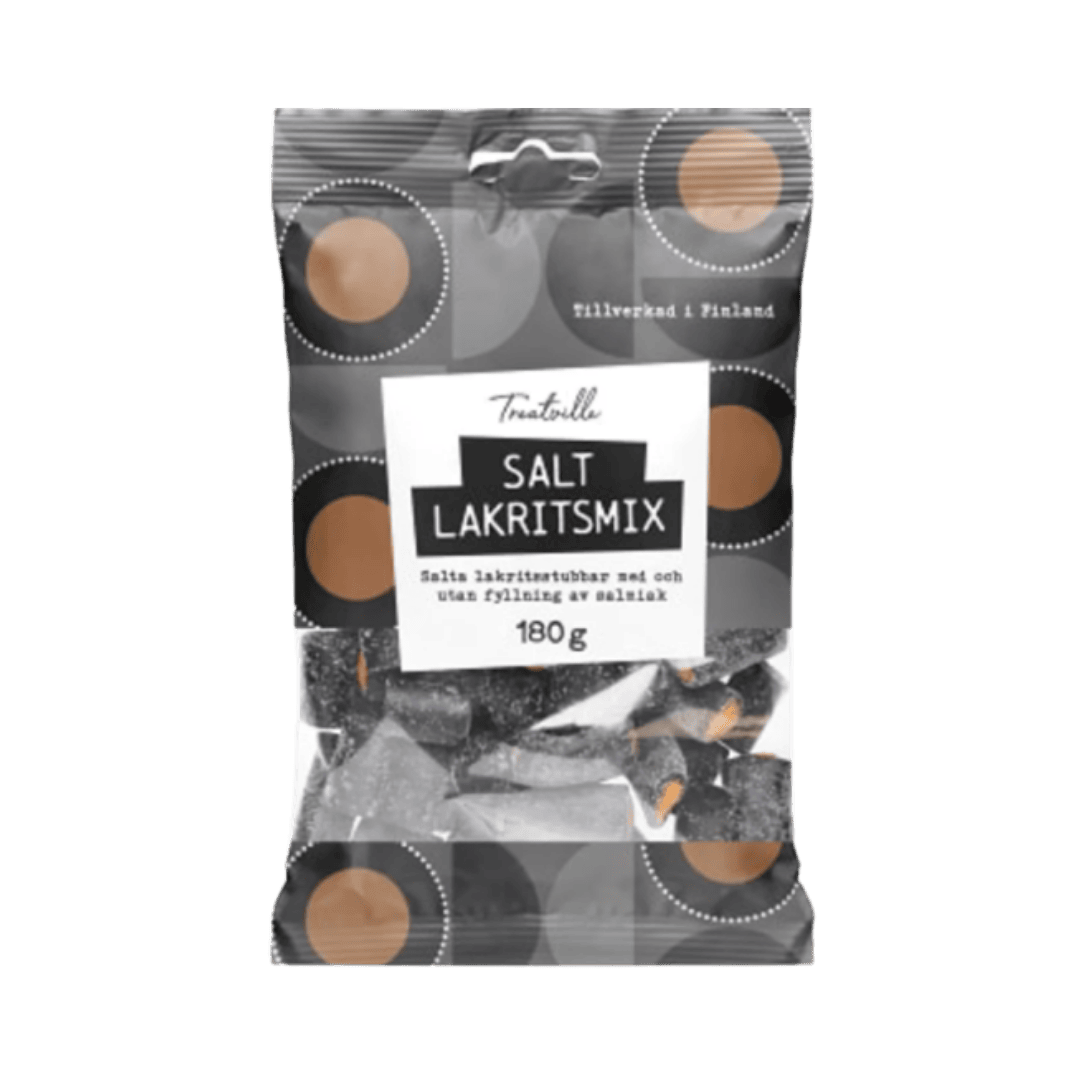 Packaged salted licorice mix with a black and white label on a green background