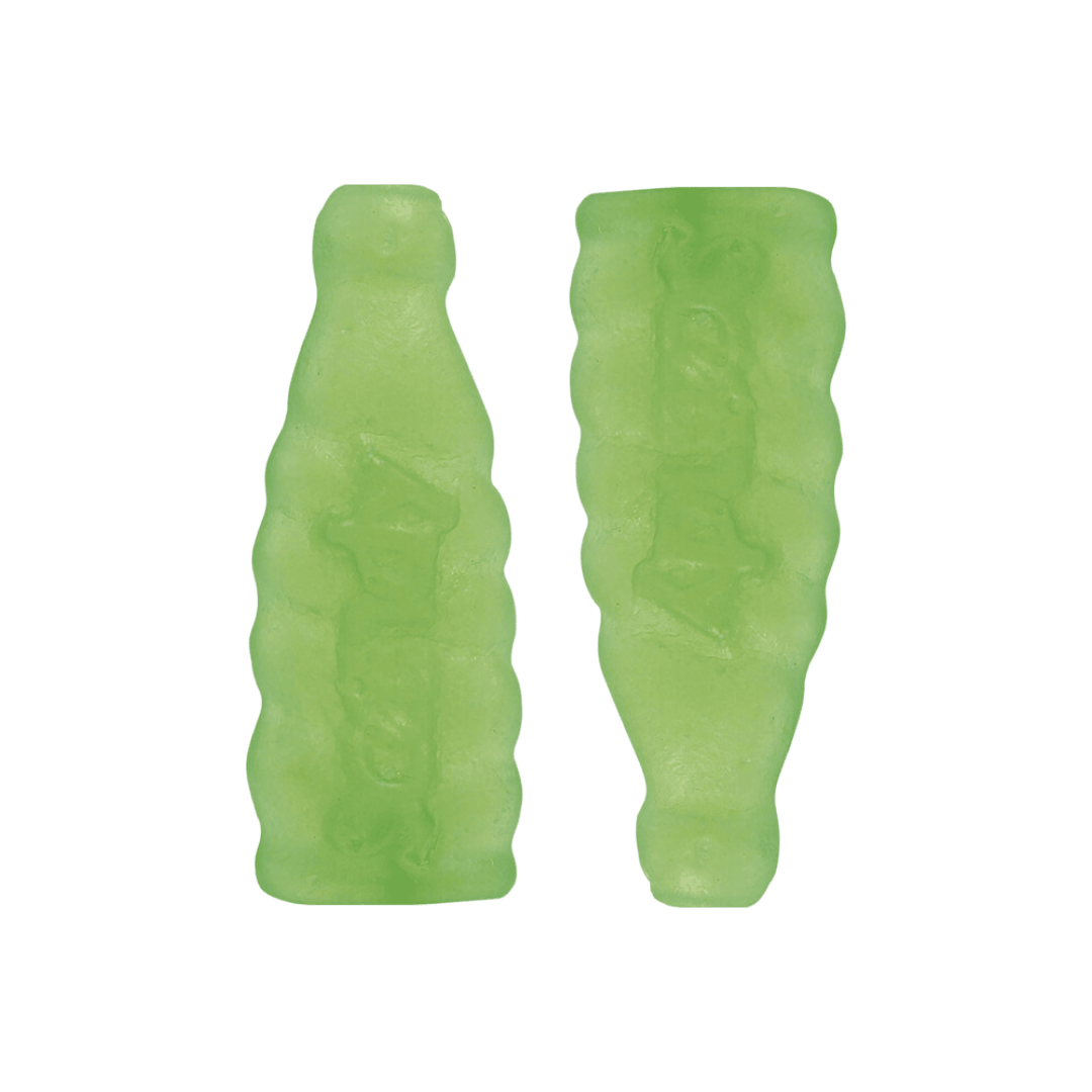 Two green gummy candies shaped like soda bottles.