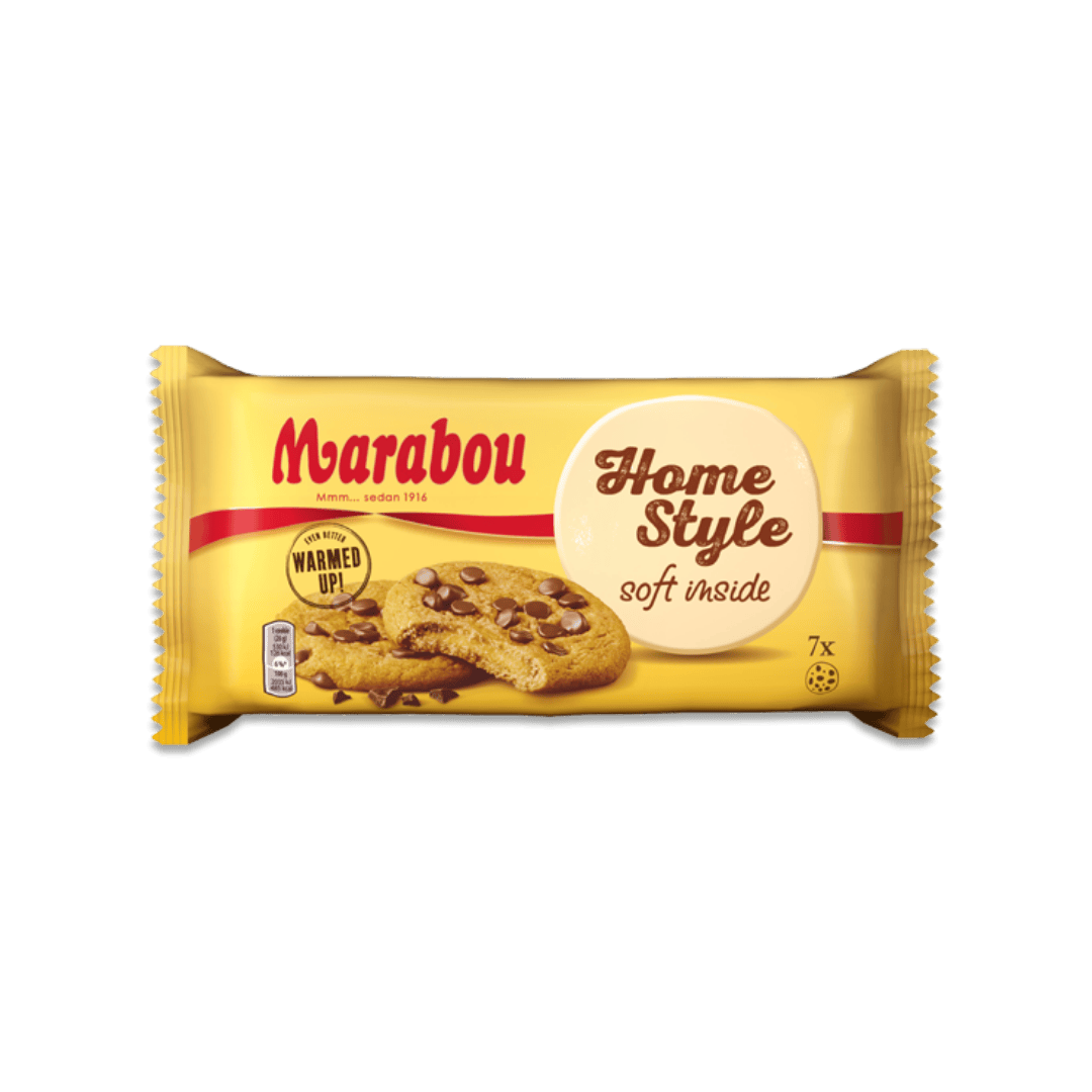 Packaging of Marabou Homestyle Cookies with a soft inside, featuring the brand's logo, product name, and an image of the cookies.