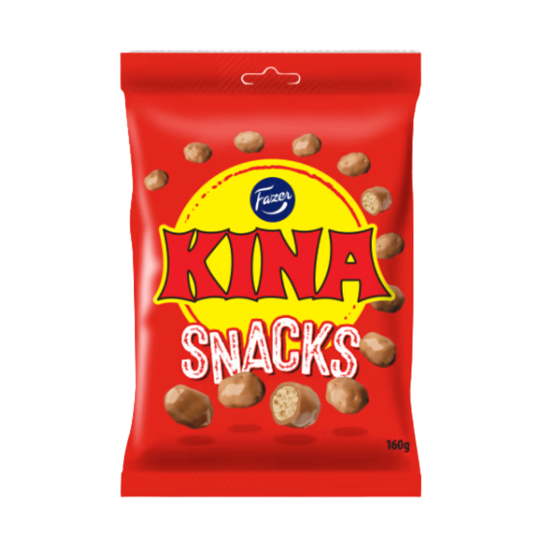 A red package of Swedish Kina snacks showing the product name and images of the chocolate covered snacks