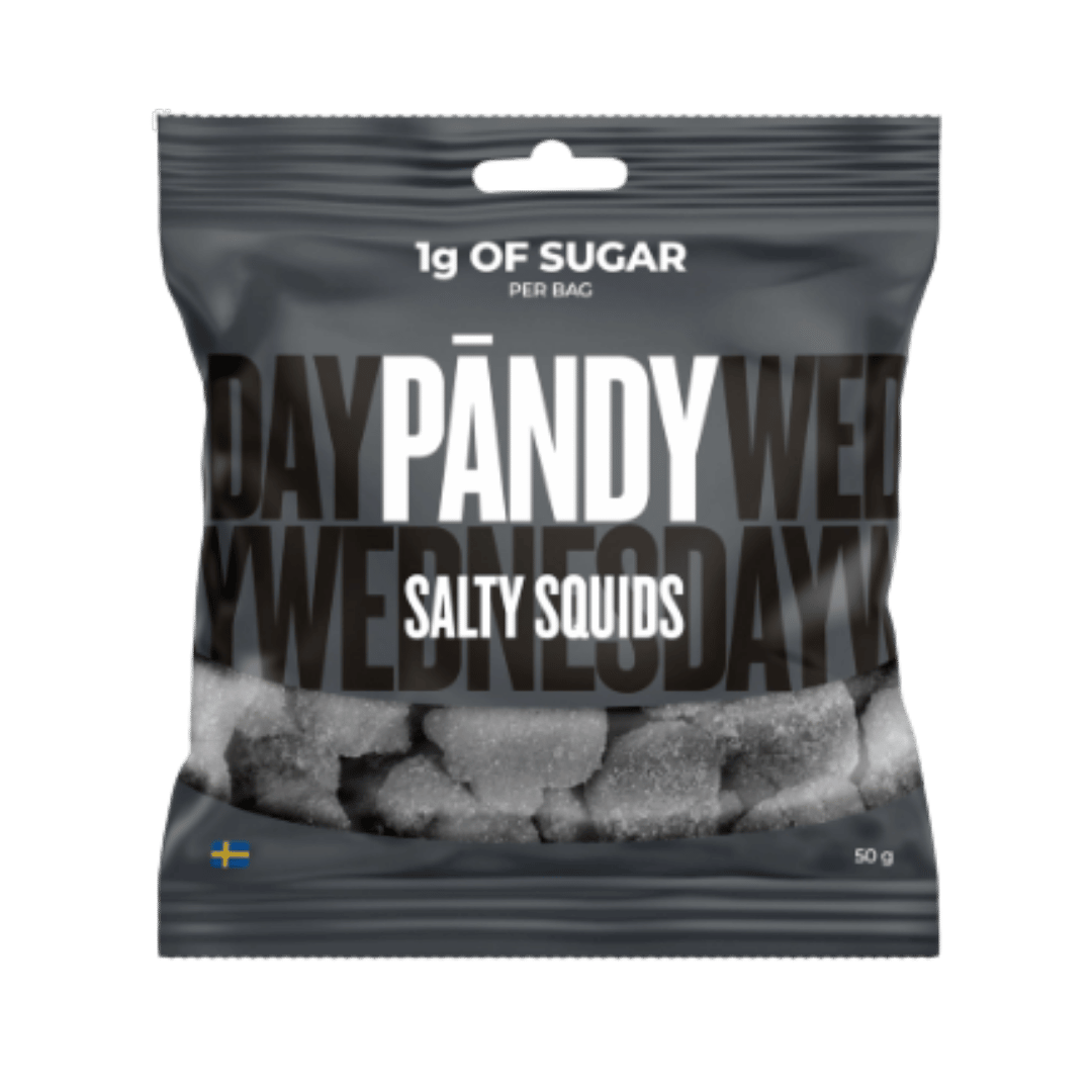 A 50g bag of Pandy Wednesday Salty Squids, featuring a dark gray and black packaging design with white text and a clear window showing the squid pieces inside.