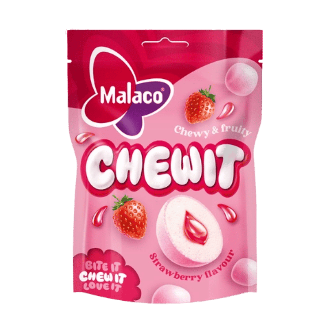 A pink stand-up pouch of Malaco Chewit strawberry-flavour chewable candy, featuring illustrations of a strawberry and a white chew bubble on a white background.
