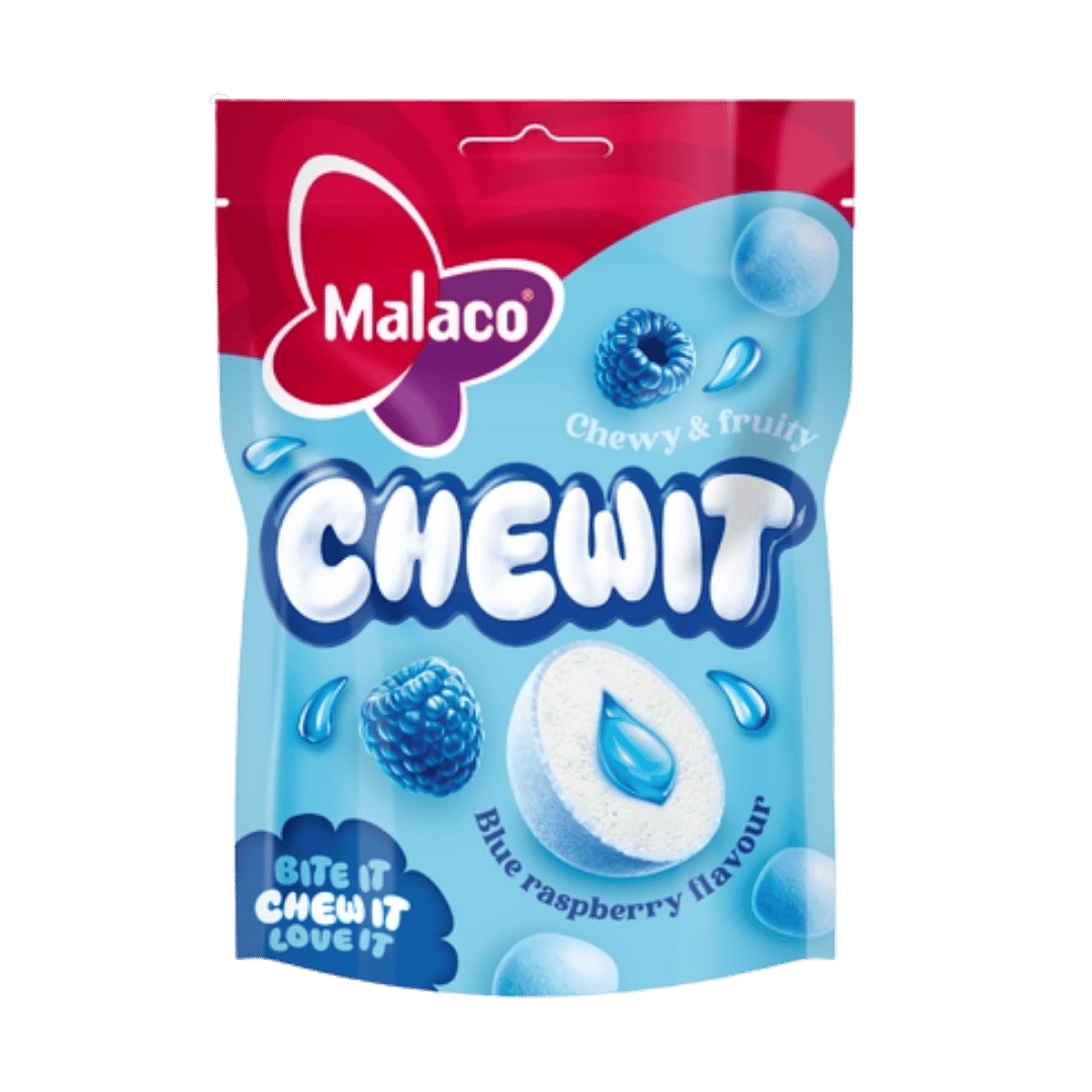 A package of Malaco Chewit blue raspberry flavored chewable candies, featuring a bright blue and red bag with illustrations of blue raspberries and a single round candy piece.