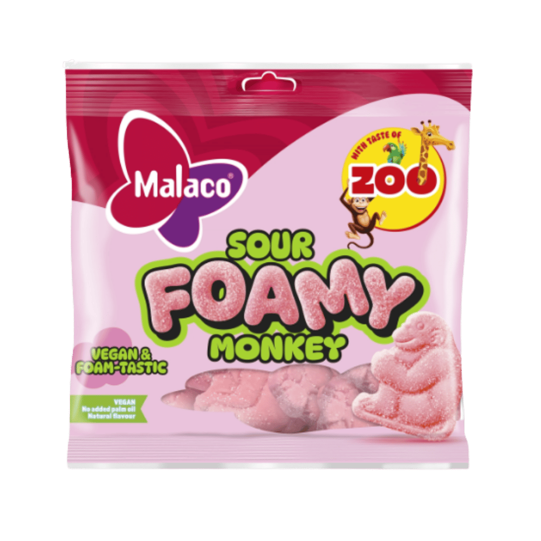 A package of Malaco Sour Foamy Monkey gummy candies, featuring pink foamy gummy bears shaped like monkeys on a pink and purple bag with cartoon graphics.
