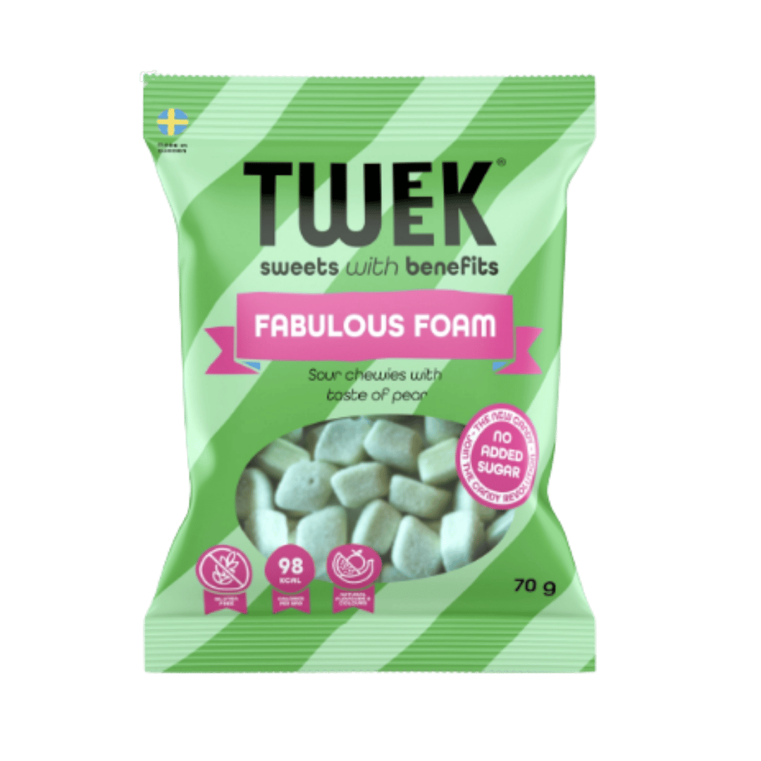 A 70g bag of TWEK Fabulous Foam sour chews, featuring a light green and white striped design with a clear window showing the light green foam pieces inside.