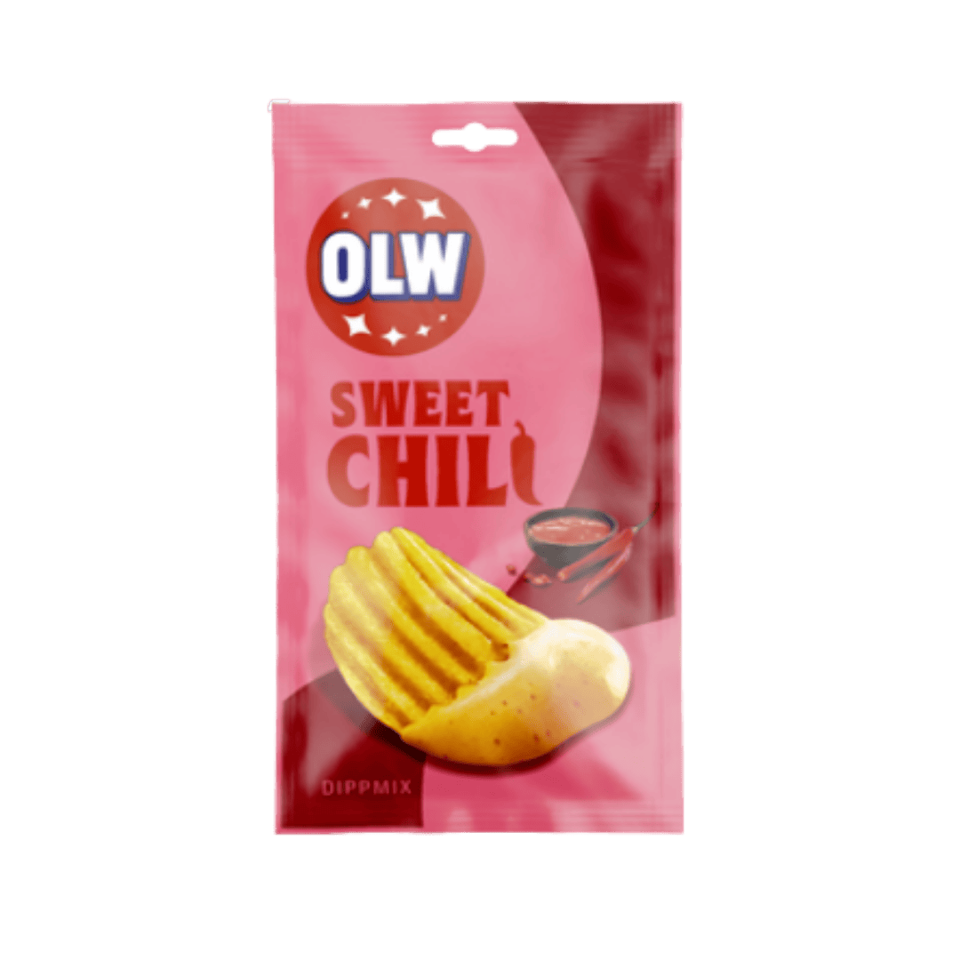 Pink package of OLW Sweet Chilli dipmix with potato chips on a clear background
