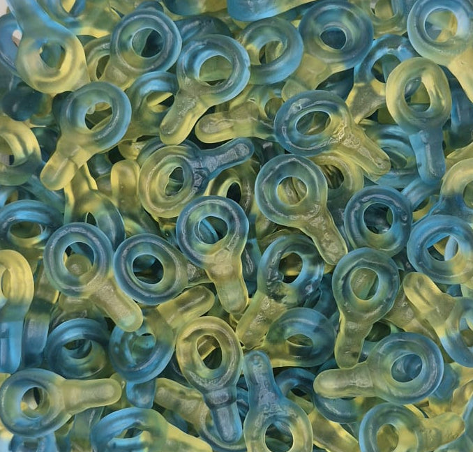Container filled with blue and clear rubber bands on a white background