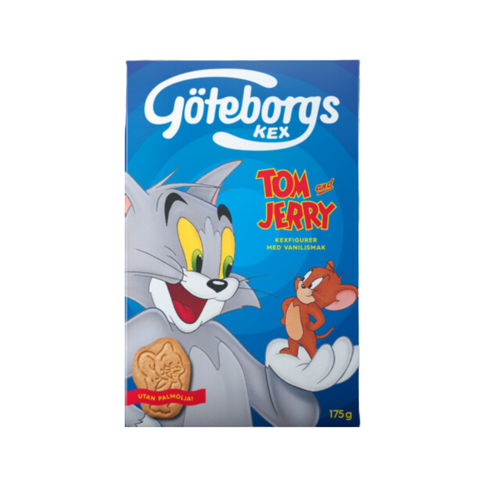 Packaging for Göteborgs Kéx Tom & Jerry Vanilla Biscuits featuring cartoon characters Tom and Jerry on the front, with a weight indication of 175 grams.
