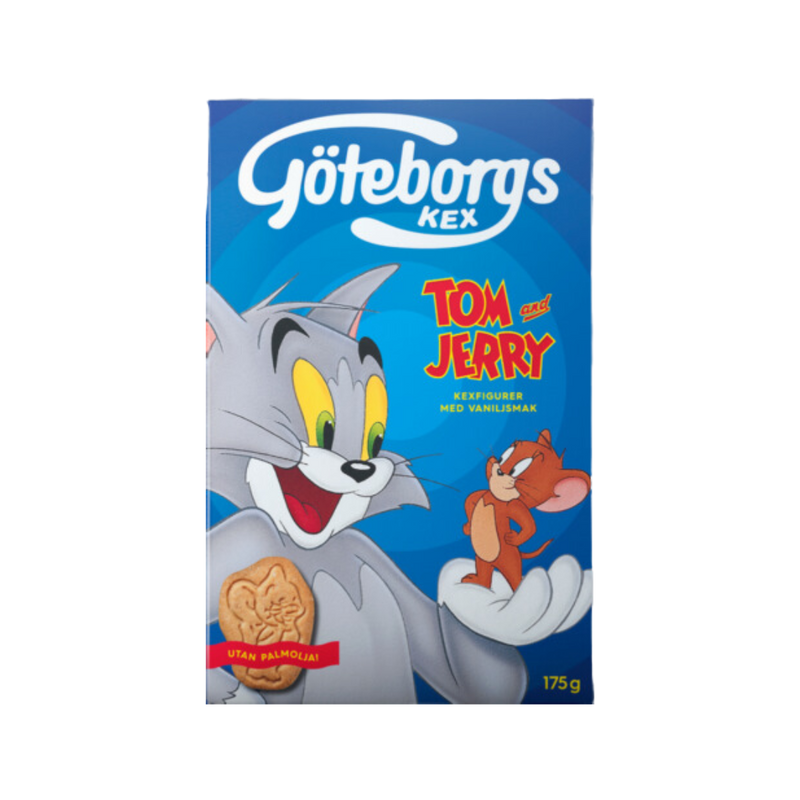 Packaging for Göteborgs Kéx Tom & Jerry Vanilla Biscuits featuring cartoon characters Tom and Jerry on the front, with a weight indication of 175 grams.
