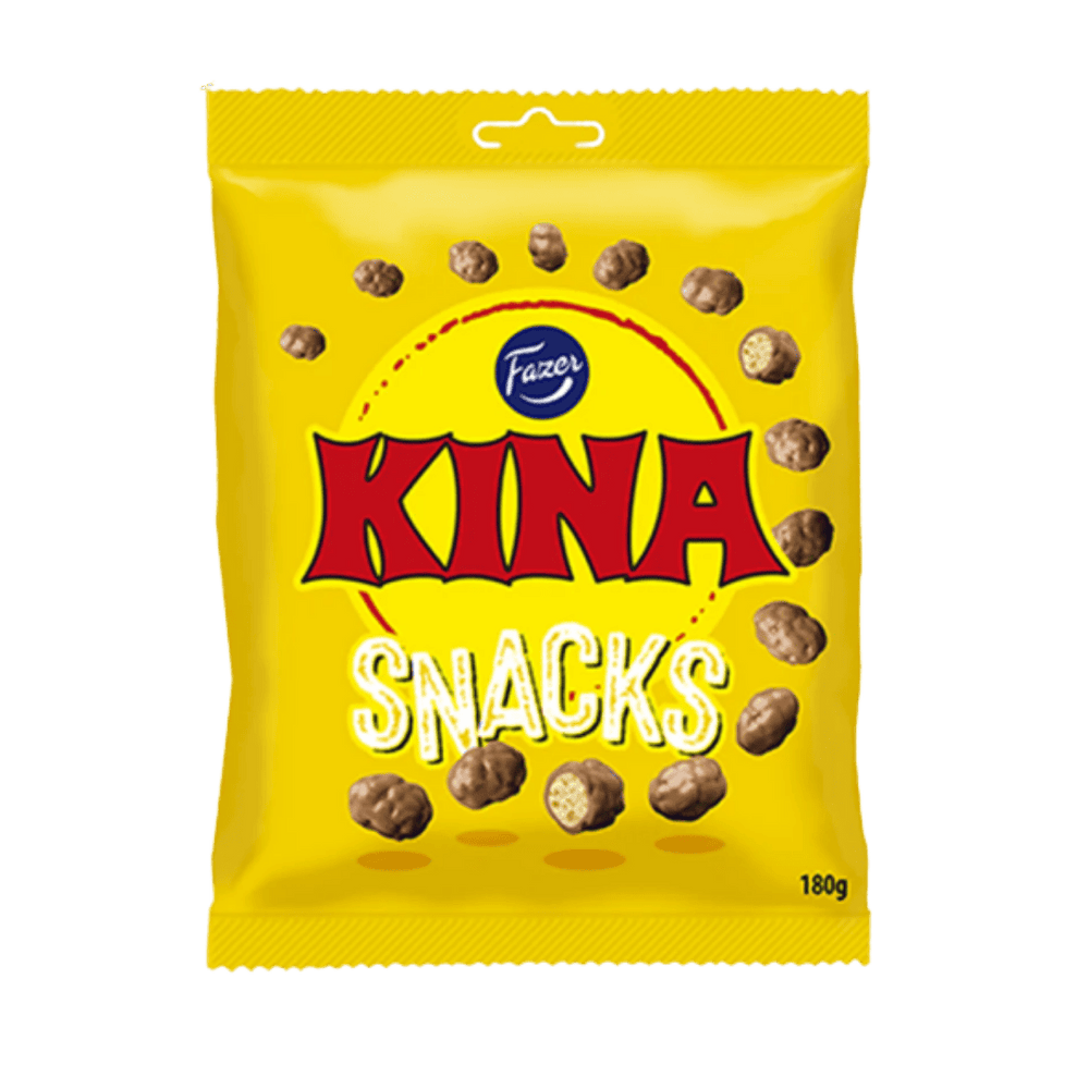 A package of Kina Snacks, which are milk chocolate covered puffed wheat snacks, in a yellow bag with the brand logo and product name displayed.