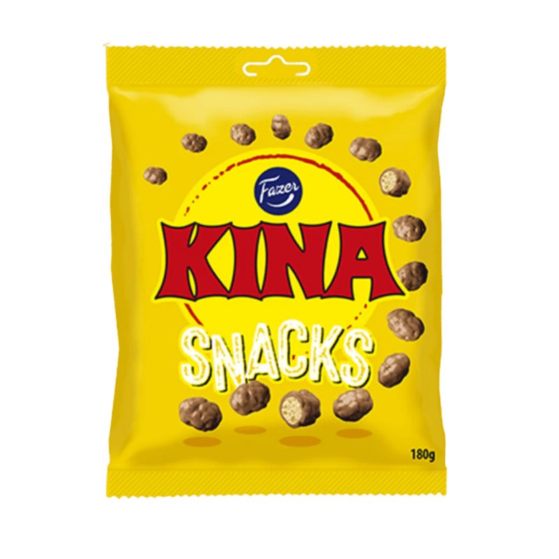 A package of Kina Snacks, which are milk chocolate covered puffed wheat snacks, in a yellow bag with the brand logo and product name displayed.