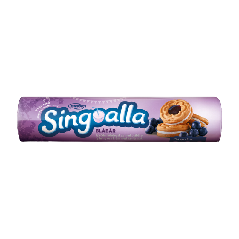 Packaging of Singoalla Blueberry Biscuits featuring the brand name, product title, and images of blueberries and a biscuit with a blueberry filling.
