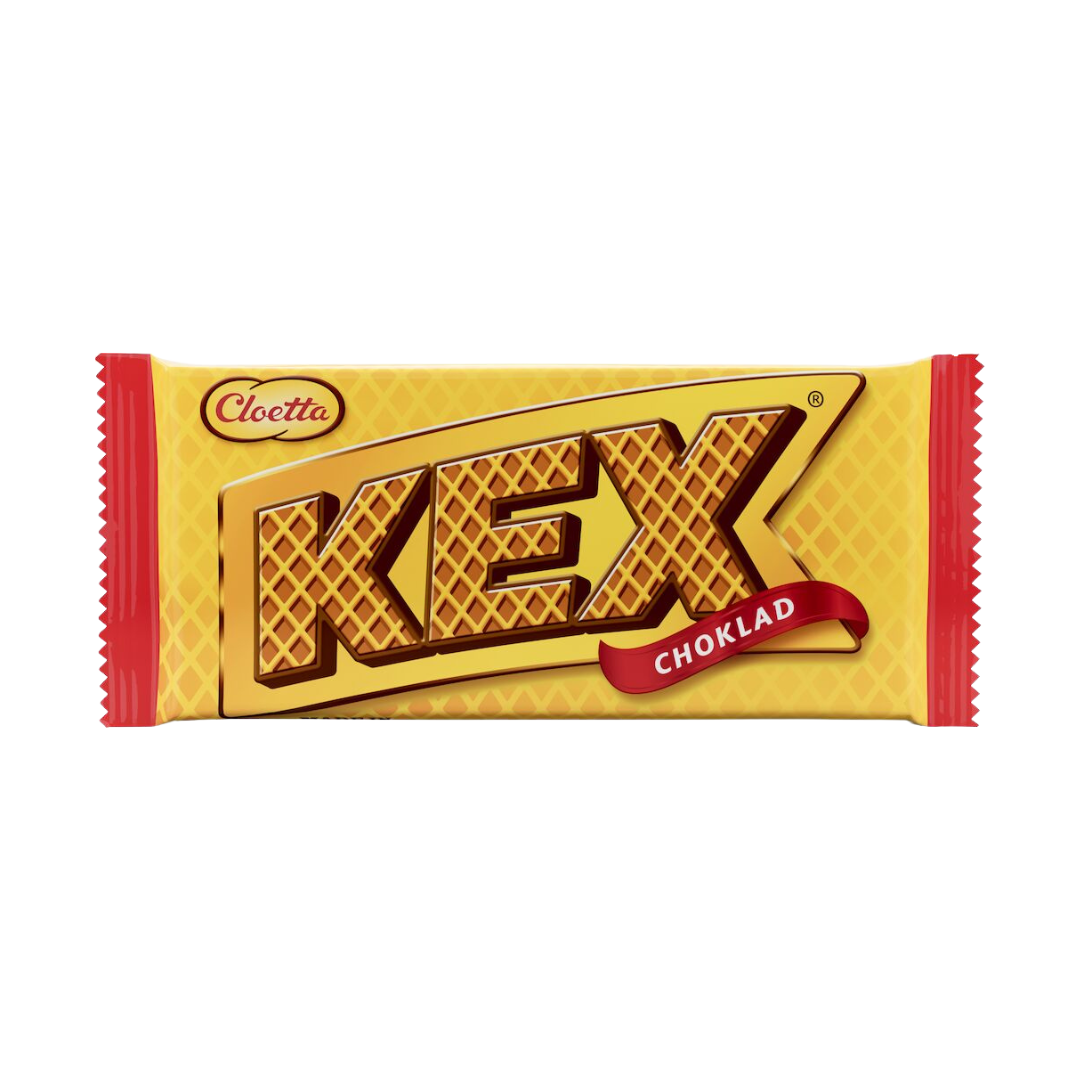 Packaging of Kexchoklad, featuring the brand name 'KEX' in large letters on a yellow and red background, commonly associated with Swedish chocolate wafer cookies.