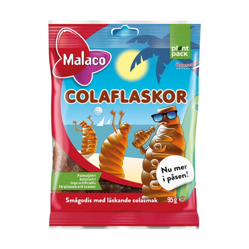 Packaging of Malaco Cola Bottles candy, featuring a playful design with cartoon characters and a visual of cola bottles, indicating a light-hearted and fun candy pack.