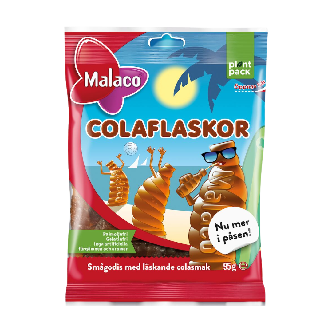 Packaging of Malaco Cola Bottles candy, featuring a playful design with cartoon characters and a visual of cola bottles, indicating a light-hearted and fun candy pack.