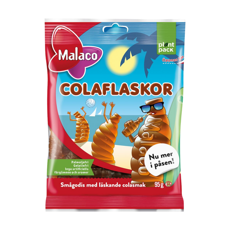 Packaging of Malaco Cola Bottles candy, featuring a playful design with cartoon characters and a visual of cola bottles, indicating a light-hearted and fun candy pack.