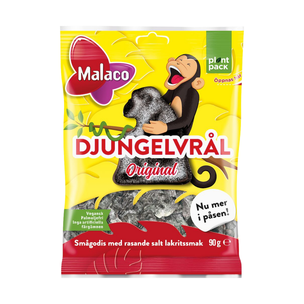 A package of Malaco Djungelvål original salty licorice, featuring a cartoon monkey and a yellow and red design.