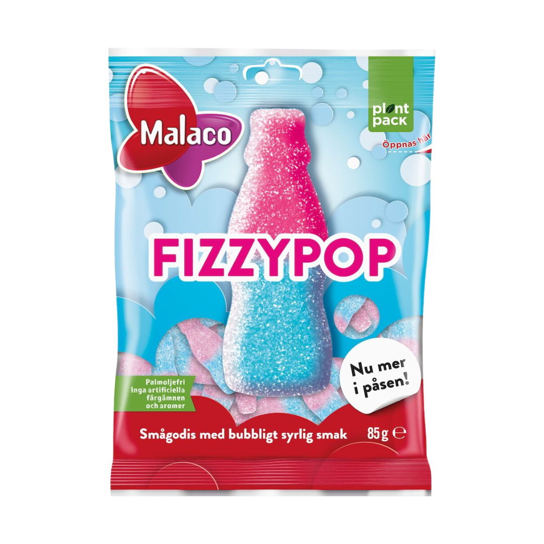 A package of Malaco Fizzy Pop candy, featuring a soda-flavored gummy bottle design with pink and blue colors, indicating a tangy and fizzy flavor.
