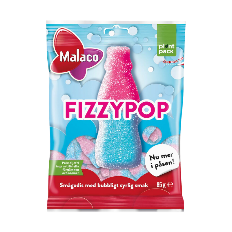 A package of Malaco Fizzy Pop candy, featuring a soda-flavored gummy bottle design with pink and blue colors, indicating a tangy and fizzy flavor.