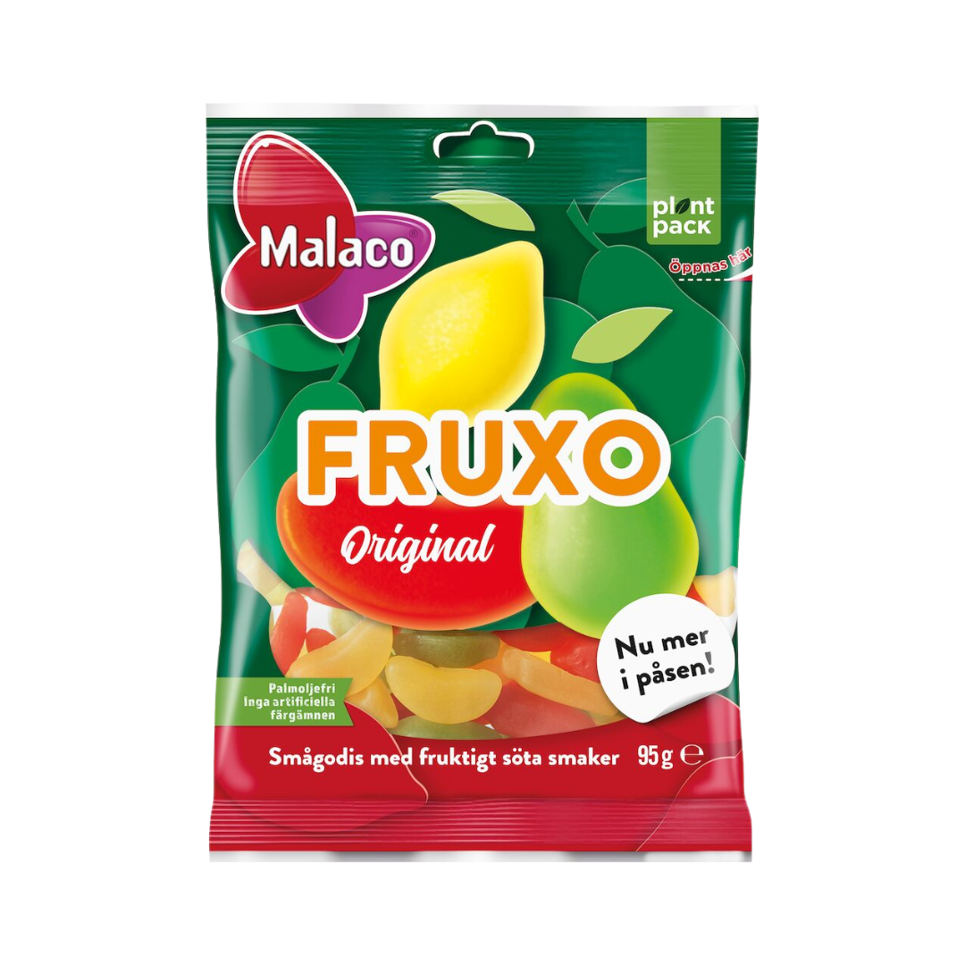 A package of Fruxo Original gummy candies by Malaco, featuring a mix of fruity flavors and a weight of 95g.