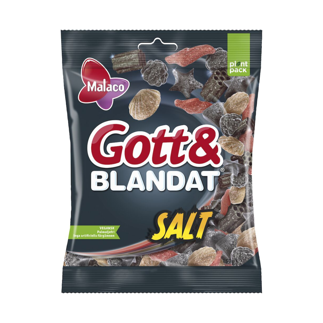 A package of Gott & Blandat Salty candy mix featuring a variety of candy pieces such as licorice and gummy candies, with a black and red color scheme and the Malaco brand logo.