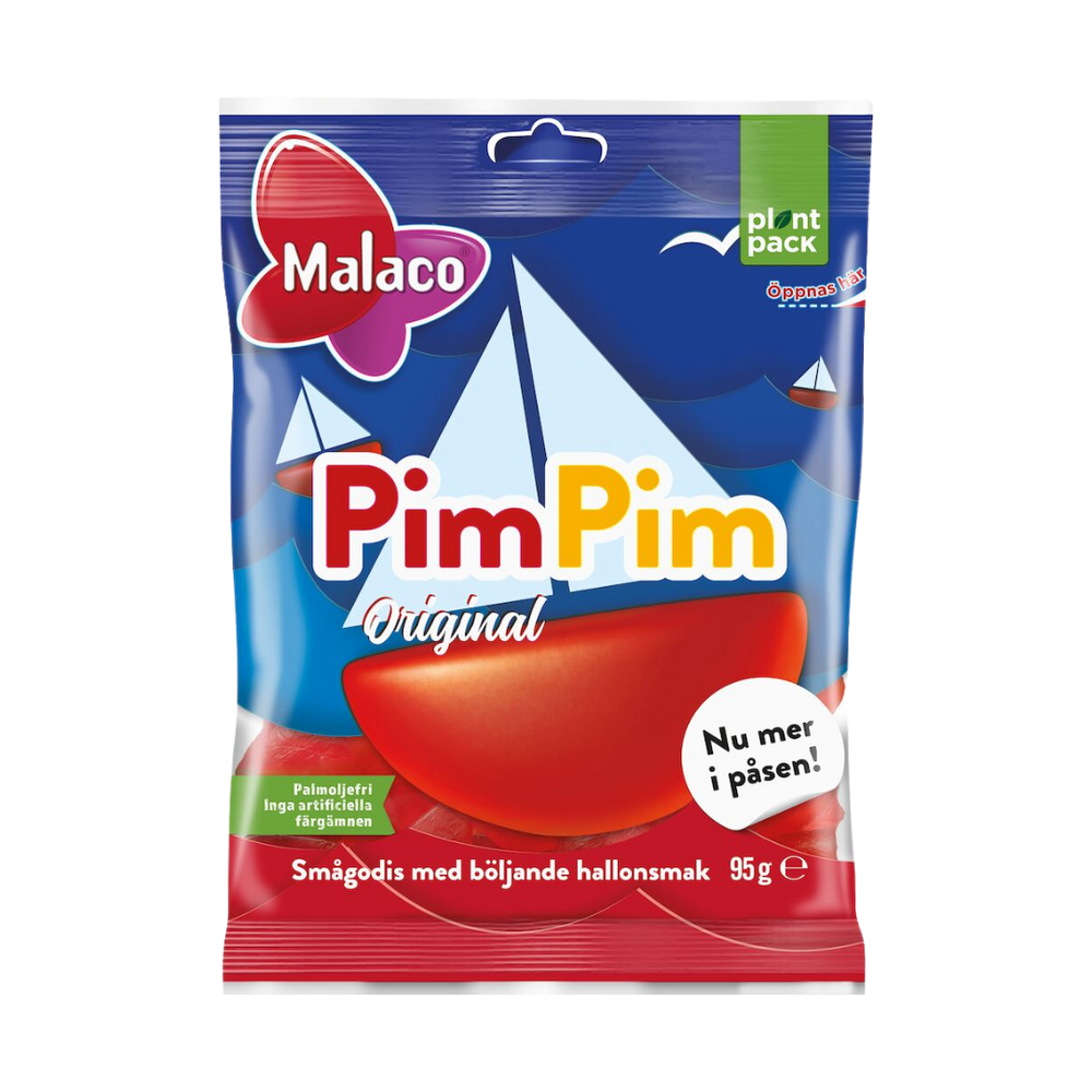 A package of Malaco PimPim Swedish raspberry gummies with a graphic of a sailboat and raspberries, indicating the flavor and shape of the gummies.