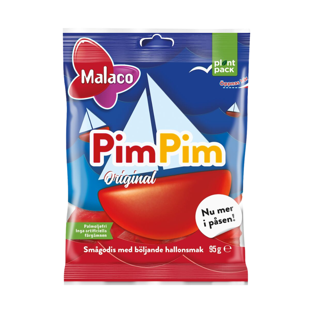 A package of Malaco PimPim Swedish raspberry gummies with a graphic of a sailboat and raspberries, indicating the flavor and shape of the gummies.