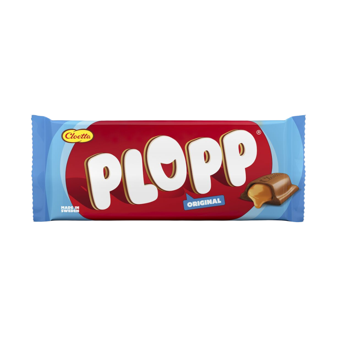 A Plopp Original chocolate bar with a creamy toffee filling, milk chocolate coating, and a blue background. The packaging features the brand name in bold letters and an image of the product.