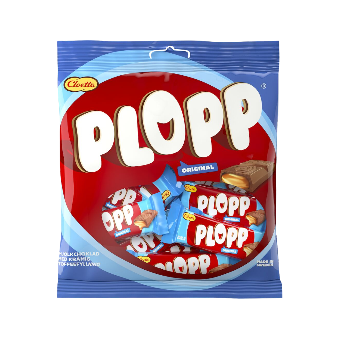 A package of Cloetta Plopp Original chocolate bars with toffee filling, featuring a red and blue wrapper with multiple bar pieces visible.