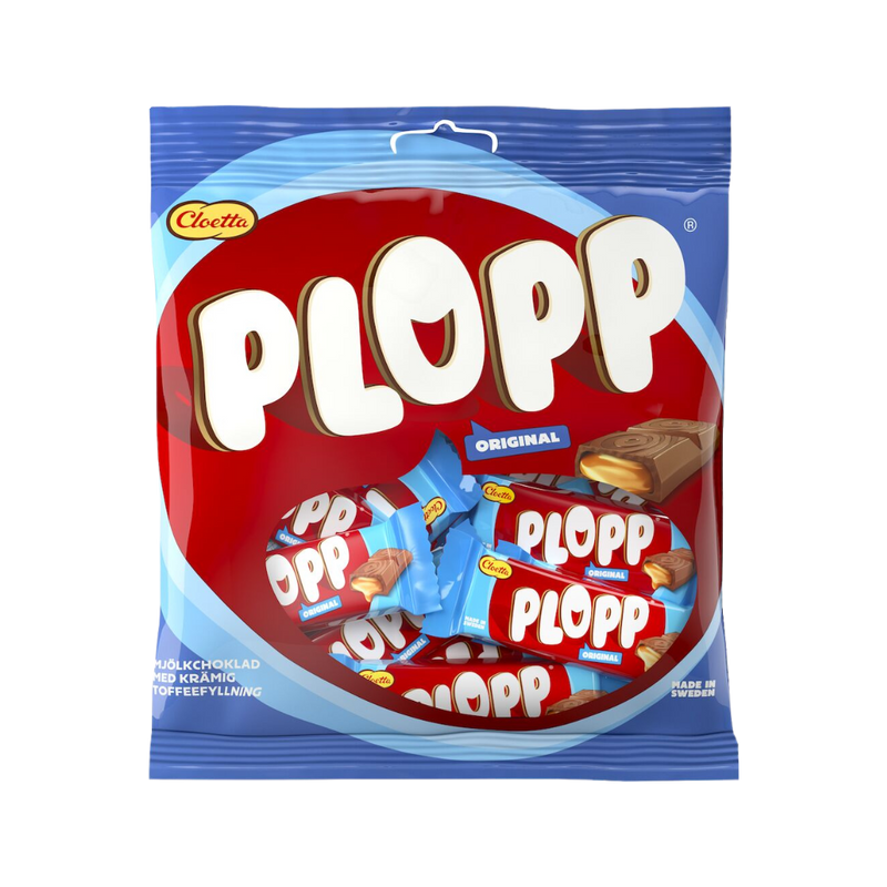 A package of Cloetta Plopp Original chocolate bars with toffee filling, featuring a red and blue wrapper with multiple bar pieces visible.