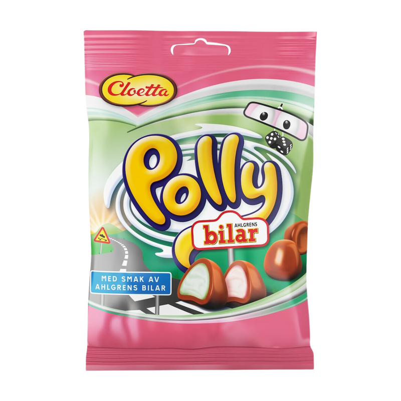 A package of Cloetta Polly Bilar, which are chocolate-covered car-shaped candies, with a pink and green color scheme and cartoon-like characters on the packaging.