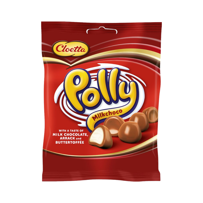 A package of Polly Milkchoco candy by Cloetta, featuring the brand's logo with red and white color scheme, and images of the candy balls with a milk chocolate coating.