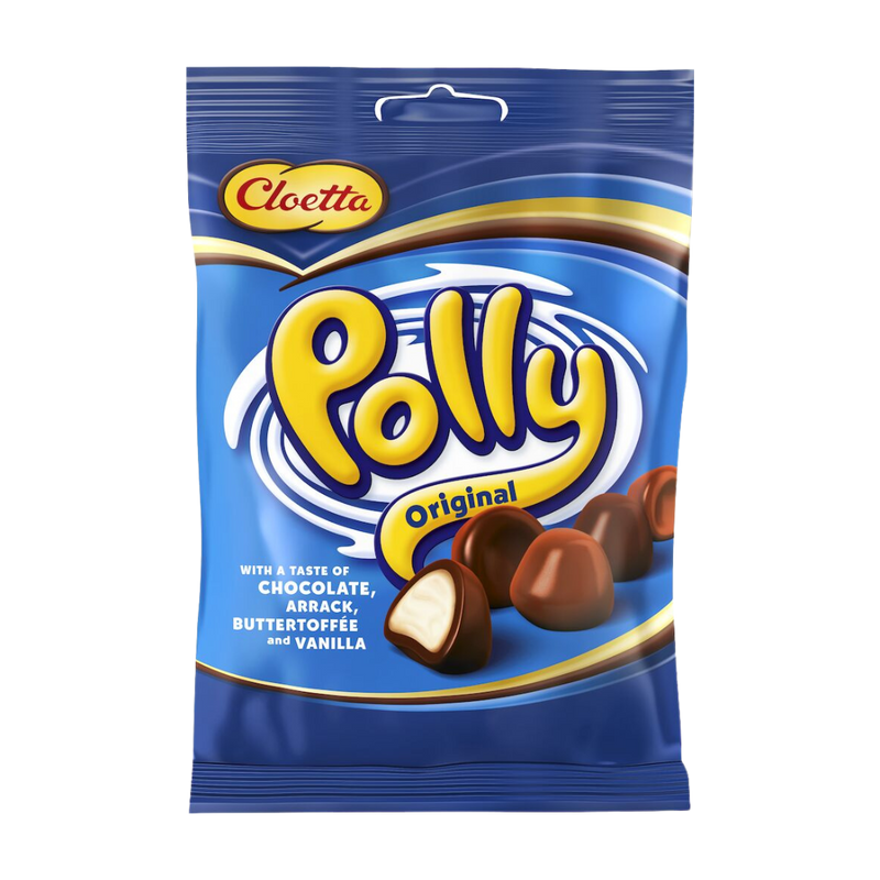 A package of Cloetta Polly Original, a Swedish candy brand, with an image of the candy balls and the brand name prominently displayed.