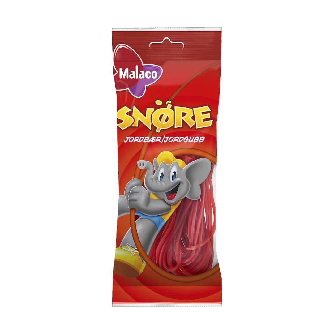 A package of Malaco Strawberry Laces featuring a cartoon elephant character on the front, with red and white packaging.