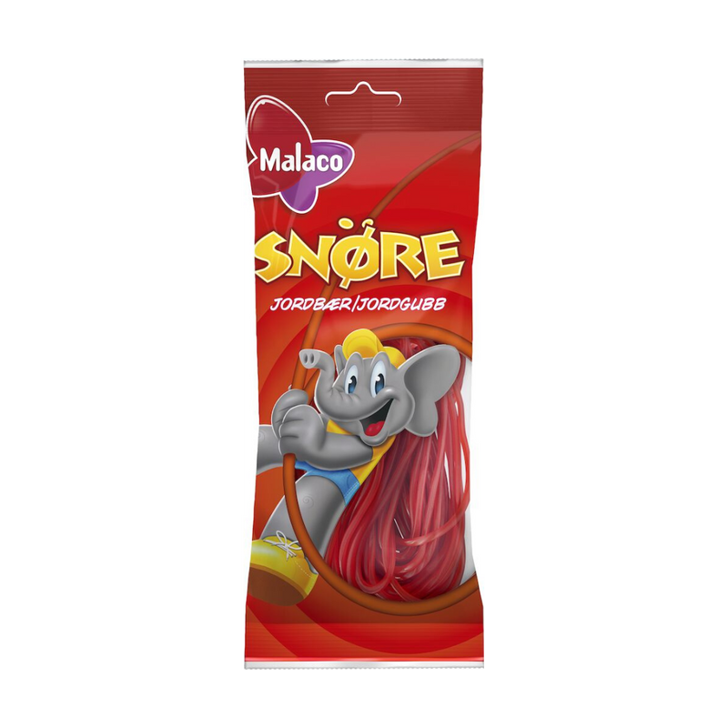 A package of Malaco Strawberry Laces featuring a cartoon elephant character on the front, with red and white packaging.