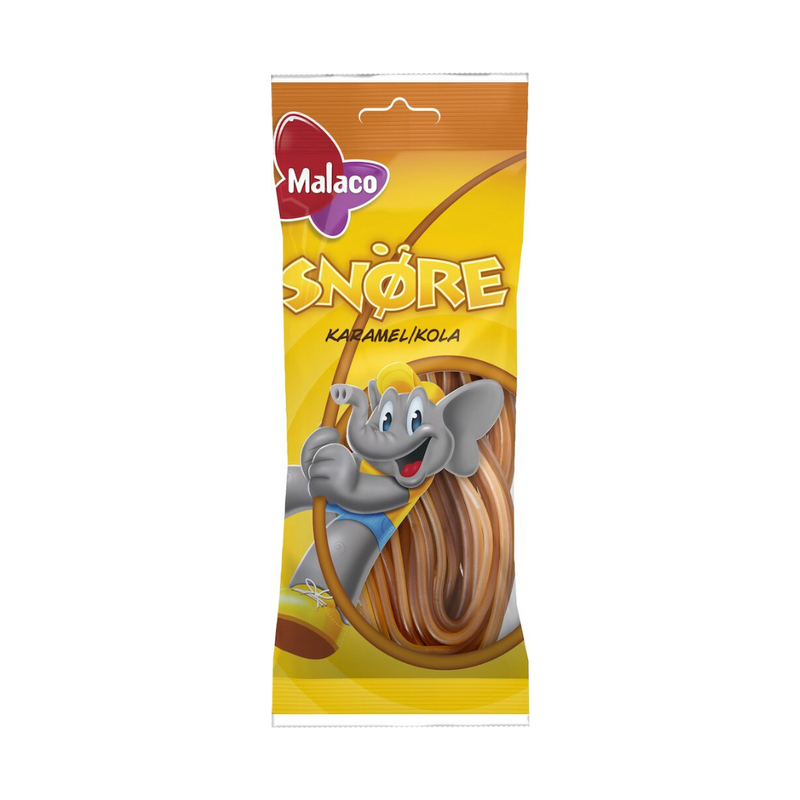 A package of Malaco Caramel Laces candy featuring an animated elephant character on the front, with a clear view of the chewy caramel laces inside.