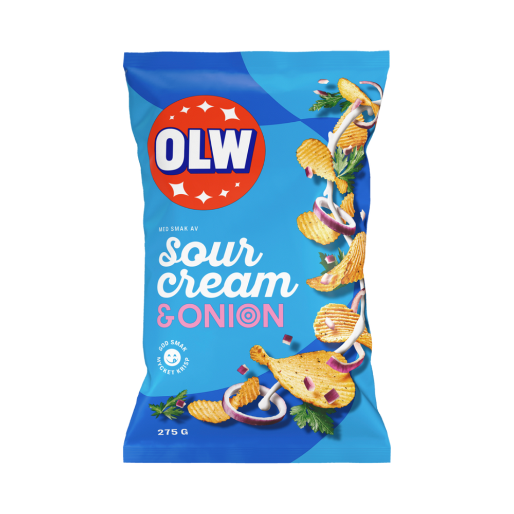 A bag of OLW Sour Cream & Onion Chips with a blue and red design, featuring images of the chips and sour cream.