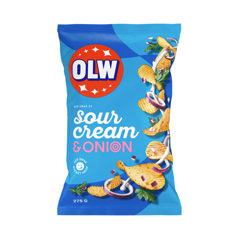 A bag of OLW Sour Cream & Onion Chips with a blue and red design, featuring images of the chips and sour cream.