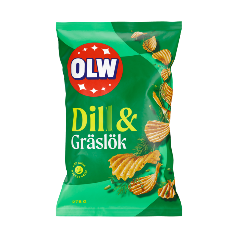 A bag of OLW Dill & Chives Chips featuring the brand logo, product name, and images of the chips with dill and chives.