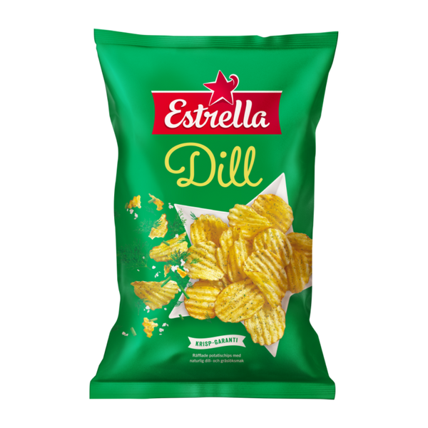 A green bag of Estrella Dill Potato Chips with an image of the chips and dill flavor seasoning.