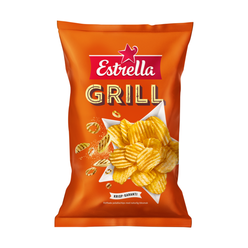 A bag of Estrella Grill Potato Chips Mini with an image of the chips on the front.