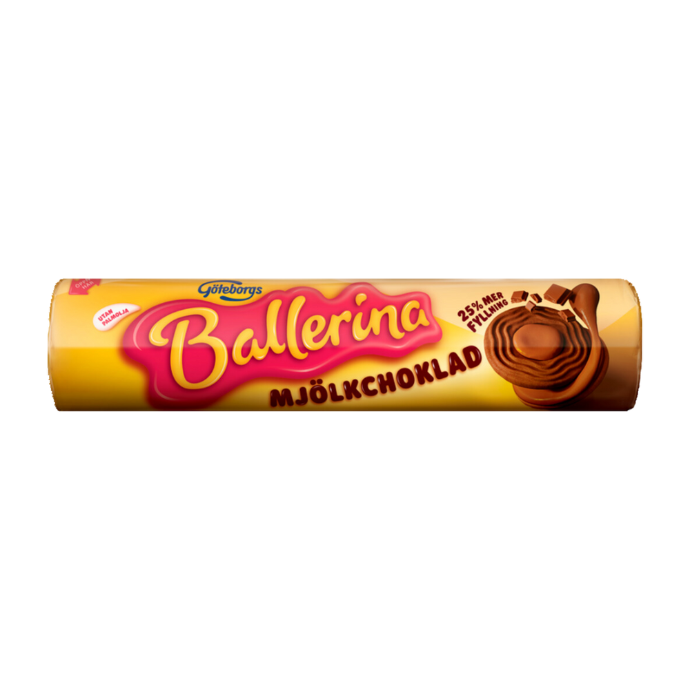Packaging of Ballerina Milk Chocolate biscuits showing the product name and a chocolate chip cookie on a yellow background.