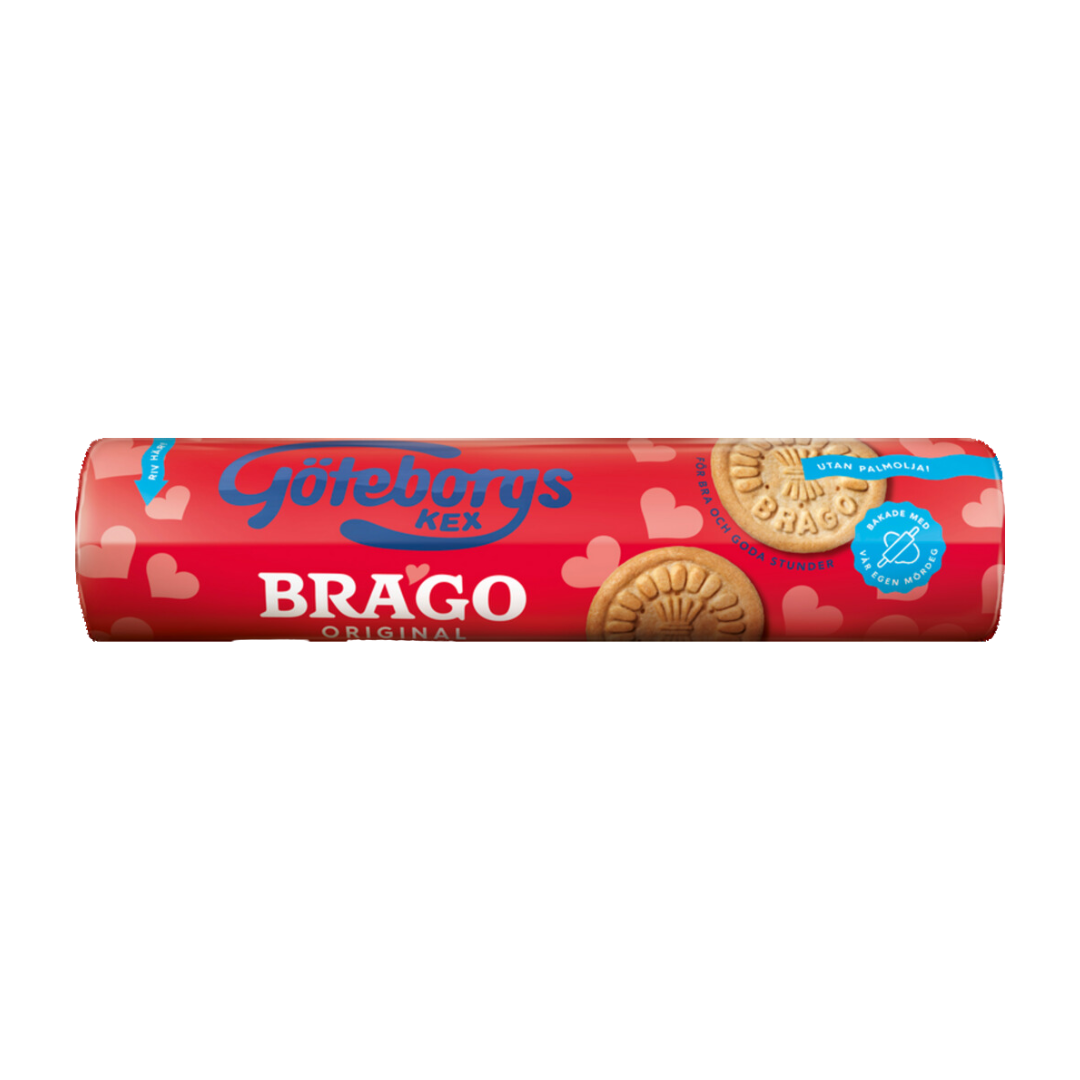 Packaging of Gätebys' Brago Original biscuits, featuring the name of the product and a heart pattern, indicating a traditional Swedish cookie.
