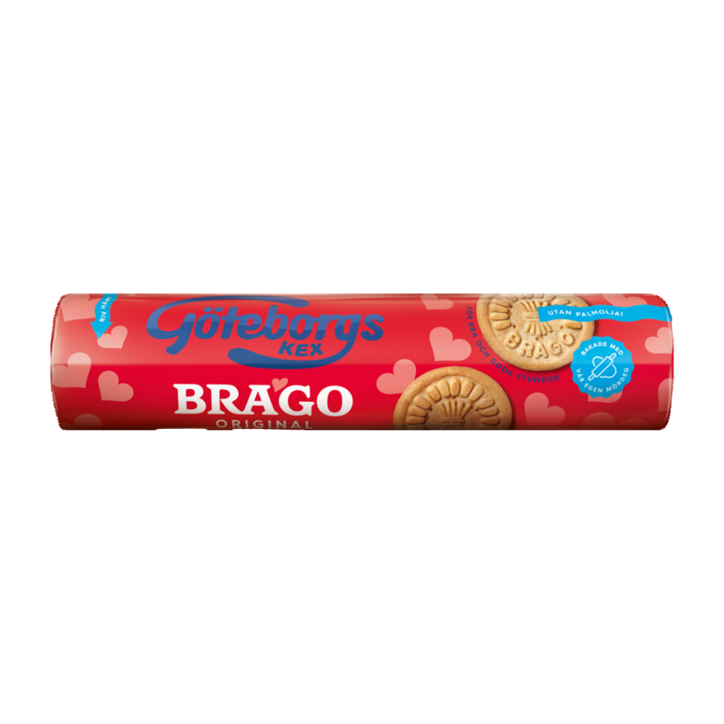 Packaging of Gätebys' Brago Original biscuits, featuring the name of the product and a heart pattern, indicating a traditional Swedish cookie.