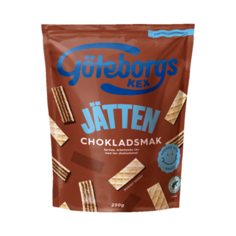 A package of Jätten Chocolate Wafers by Göteborgs Käx with a clear display of the wafers and the brand's logo.