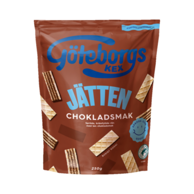 A package of Jätten Chocolate Wafers by Göteborgs Käx with a clear display of the wafers and the brand's logo.
