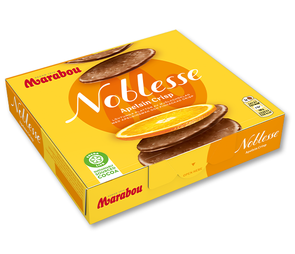 A box of Marabou Noblesse Sea Salt chocolate candy, with packaging predominantly in yellow and orange colors, displaying the candy inside.